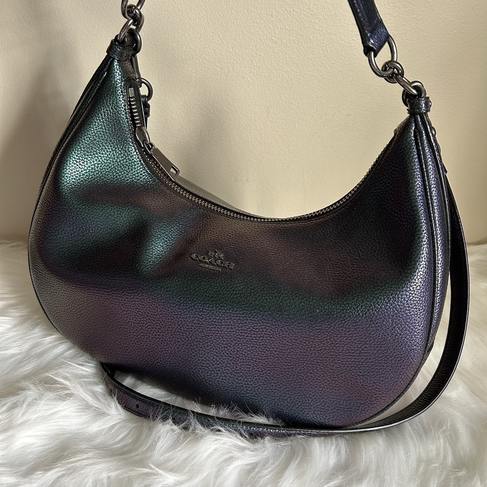 Coach Harley Iridescent Green Purple Pebbled Leather Shoulder Bag Excellent - Picture 6 of 11
